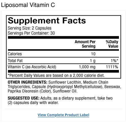 Liposomal Vitamin C 30 Day supplement facts label