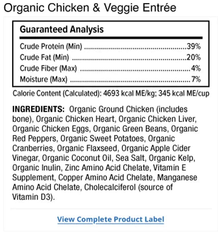 Bark & Whiskers® Organic Chicken & Veggie Entree supplement facts label