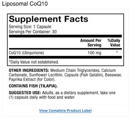 Liposomal CoQ10 supplement facts label
