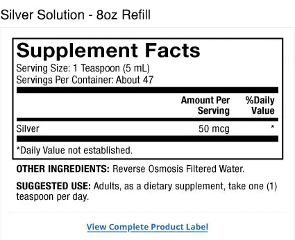 Silver Solution supplement facts label