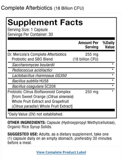 Complete Afterbiotics® supplement facts label