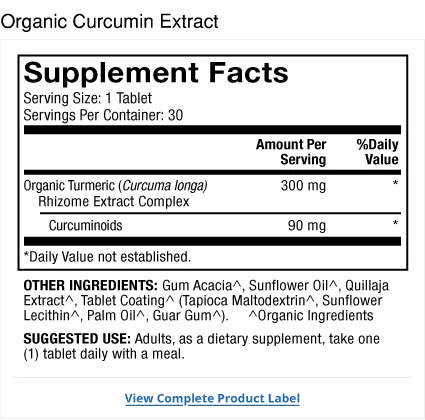 Organic Curcumin Extract 30-Day supplement facts label
