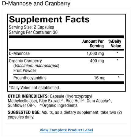 D-Mannose and Cranberry supplement facts label