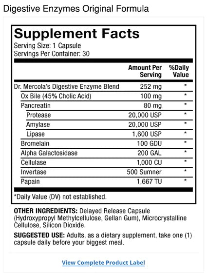 Digestive Enzymes Original supplement facts label