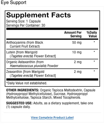 Eye Support 30-Day supplement facts label