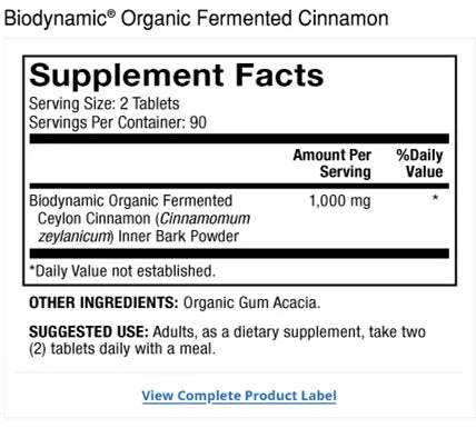 Biodynamic Organic Fermented Cinnamon supplement facts label