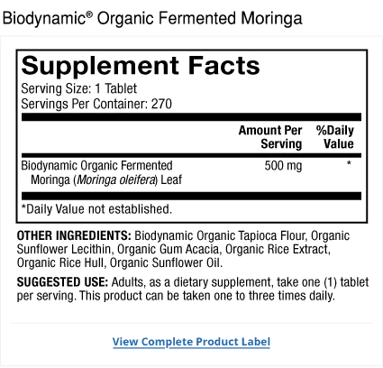 Biodynamic Organic Fermented Moringa supplement facts label
