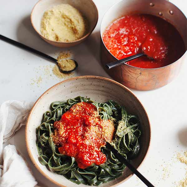 Hemp Seed Parmesan with Spirulina Tagliatelle