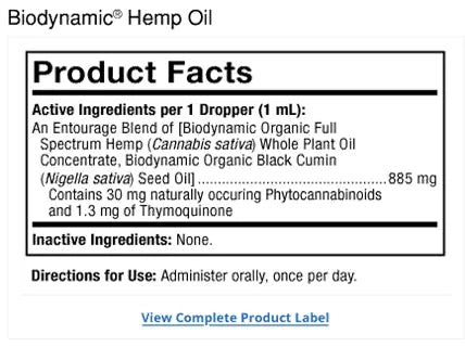 Bark & Whiskers® Biodynamic® Organic Hemp Oil for Dogs supplement facts label