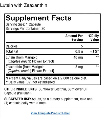Lutein with Zeaxanthin supplement facts label
