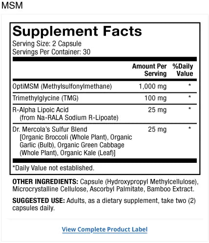 MSM Sulfur Complex supplement facts label