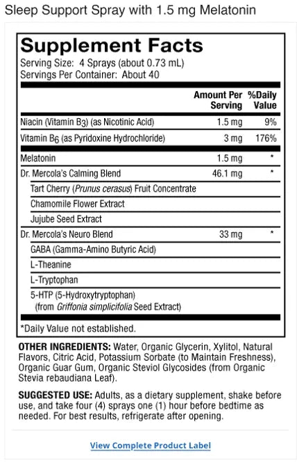 Sleep Support with Melatonin Spray supplement facts label