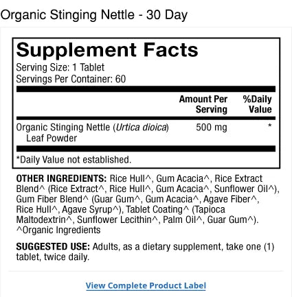 Organic Stinging Nettle supplement facts label
