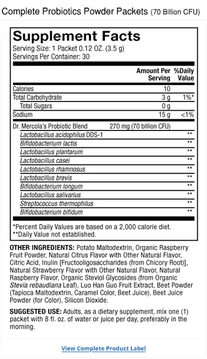Complete Probiotics Powder Packets supplement facts label