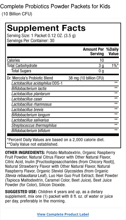 Probiotic Packets for Kids supplement facts label