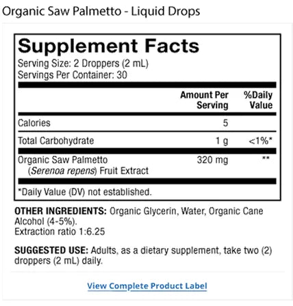 Organic Saw Palmetto Liquid Drops supplement facts label