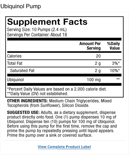 Ubiquinol Liquid Pump 100 mg supplement facts label