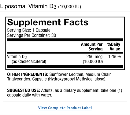 Liposomal Vitamin D3 10,000 IU 30 Day supplement facts label