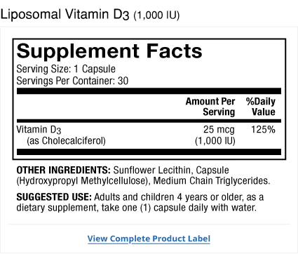 Liposomal Vitamin D3 1000 IU supplement facts label