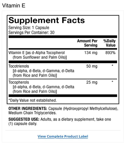 Vitamin E supplement facts label