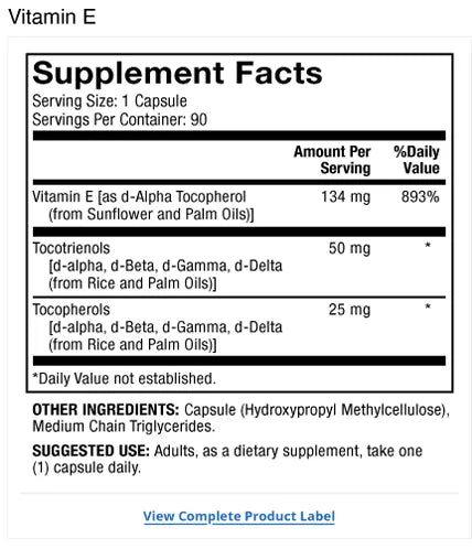 Vitamin E supplement facts label
