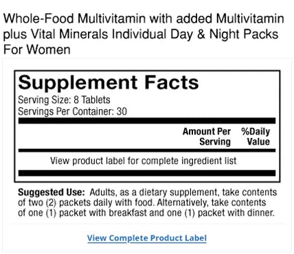 Whole-Food Complex with added Multivitamin plus Vital Minerals Daily Packs for Women supplement facts label