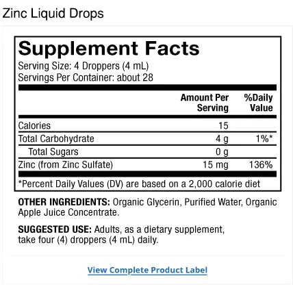 Zinc Liquid Drops supplement facts label