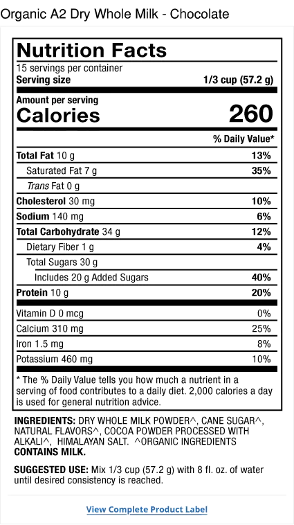 Solspring® A2 Dry Whole Milk, Organic - Chocolate supplement facts label