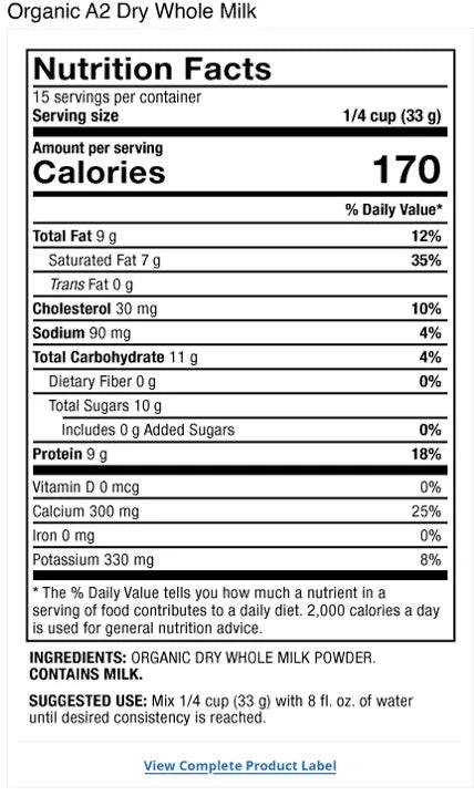Solspring® A2 Dry Whole Milk, Organic supplement facts label