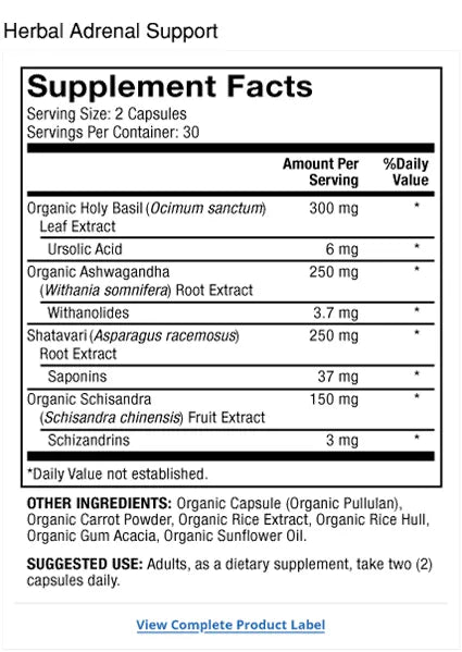 Herbal Adrenal Support 30-Day supplement facts label