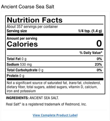 Solspring® Real Salt® Ancient Coarse Sea Salt supplement facts label