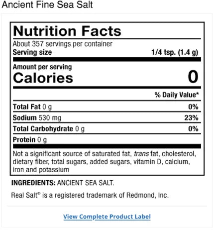 Solspring® Real Salt® Ancient Fine Sea Salt supplement facts label