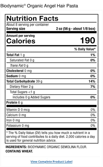 Solspring® Angel Hair Pasta, Biodynamic® Organic supplement facts label