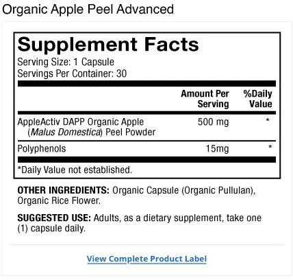 Organic Apple Peel Advanced supplement facts label