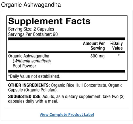 Organic Ashwagandha 90-Day supplement facts label