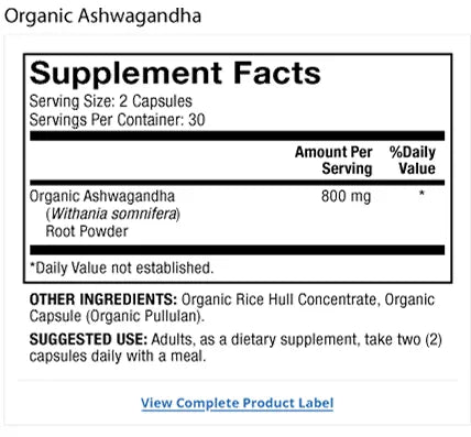 Organic Ashwagandha 30-Day supplement facts label