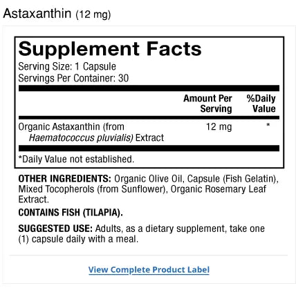 Organic Astaxanthin 12mg 30-Day supplement facts label