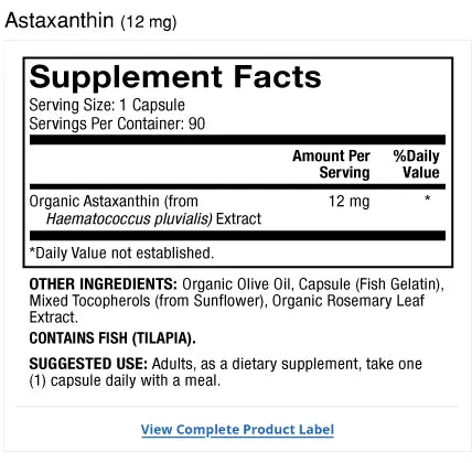 Organic Astaxanthin 12mg 90-Day supplement facts label