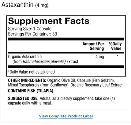 Organic Astaxanthin 4mg 30-Day supplement facts label