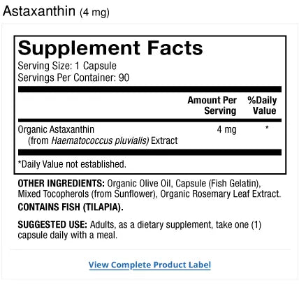 Organic Astaxanthin 4mg 90-Day supplement facts label