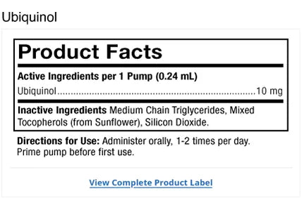 Bark & Whiskers® Ubiquinol Liquid Pump supplement facts label