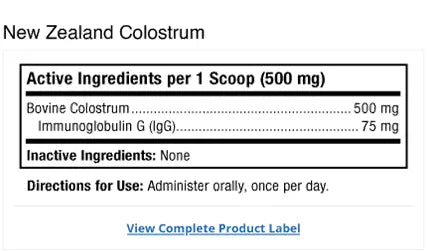 Bark & Whiskers® New Zealand Colostrum supplement facts label