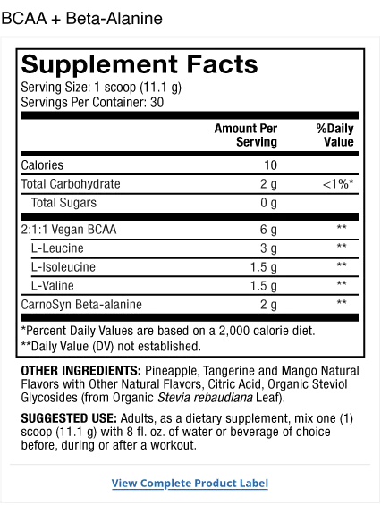 Pure Power BCAA + Beta-Alanine supplement facts label