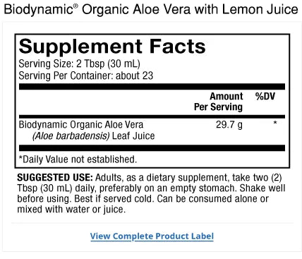 Solspring® Aloe Vera with Lemon Juice, Biodynamic® Organic supplement facts label
