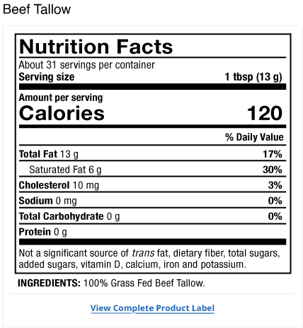 Solspring® Grass Fed Beef Tallow supplement facts label
