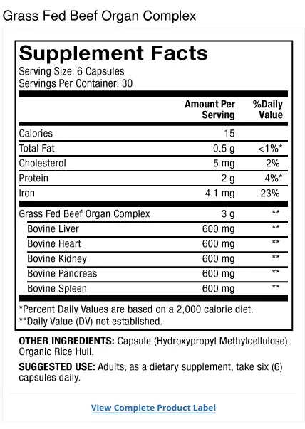 Grass Fed Beef Organ Complex supplement facts label