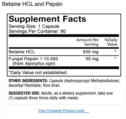 Betaine HCL and Pepsin supplement facts label