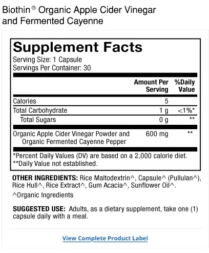 Biothin Organic ACV and Fermented Cayenne supplement facts label