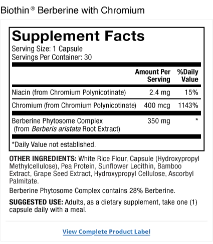 Biothin Berberine with Chromium supplement facts label