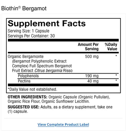 Biothin Organic Bergamot supplement facts label